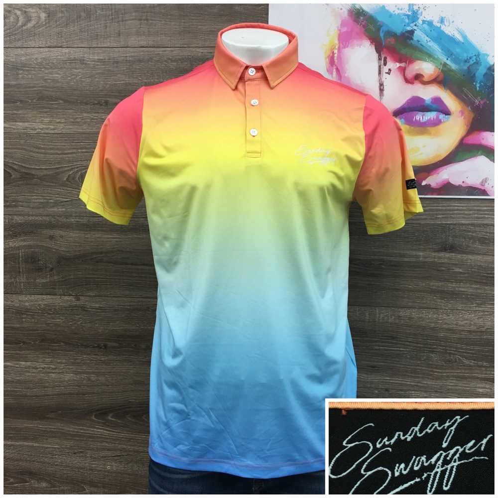 NEW Sunday Swagger Mens Ombre Gradient Golf Polo Shirt Orange Yellow Blue Size L